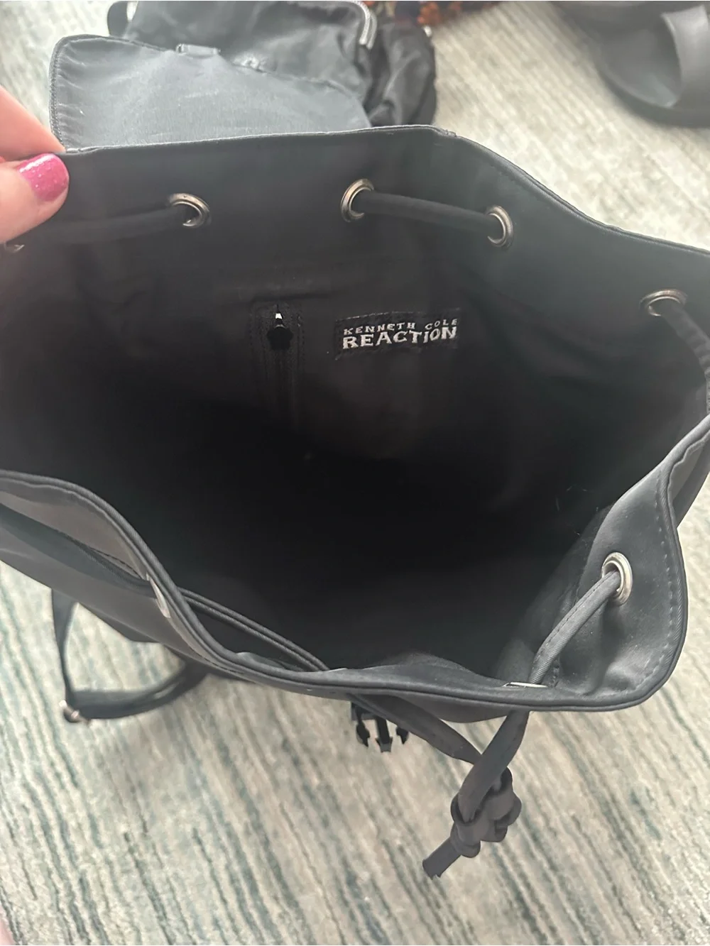 Kenneth Cole Reaction Black Nylon Drawstring Flap Backpack